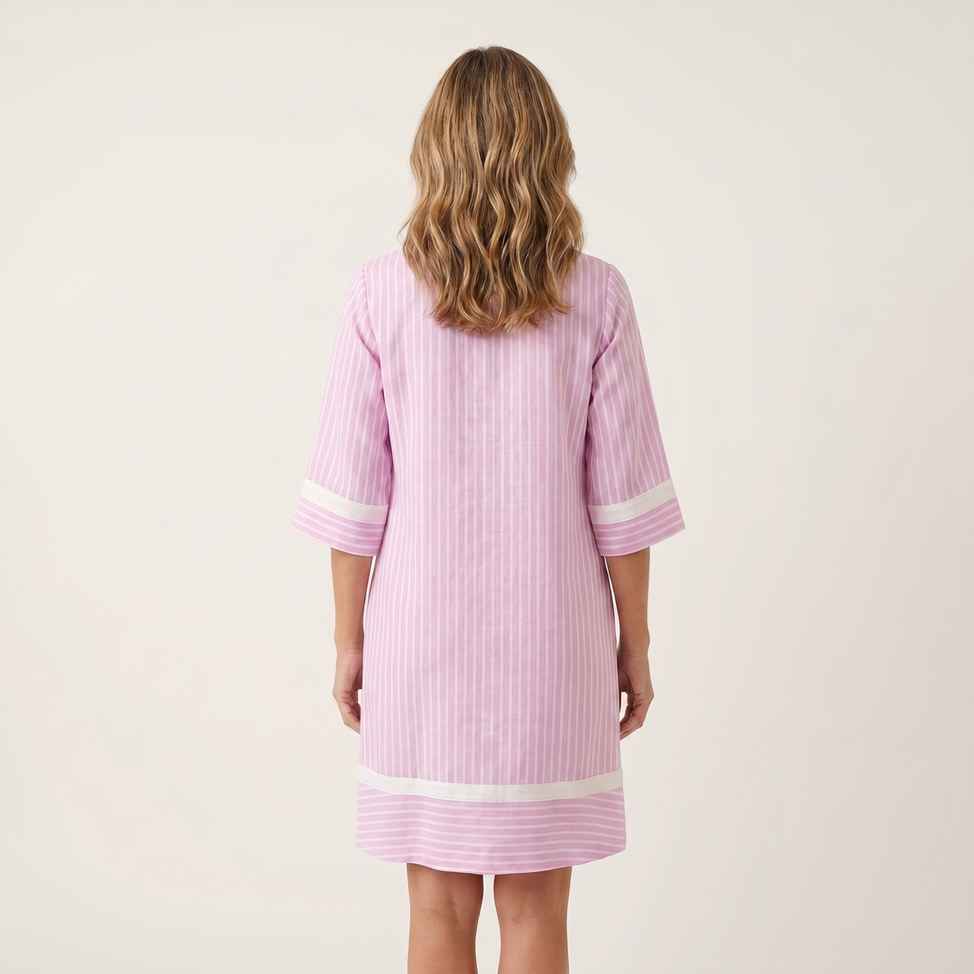 Sanina | Striped Cotton V-Neck Straight Dress with Contrast Trims