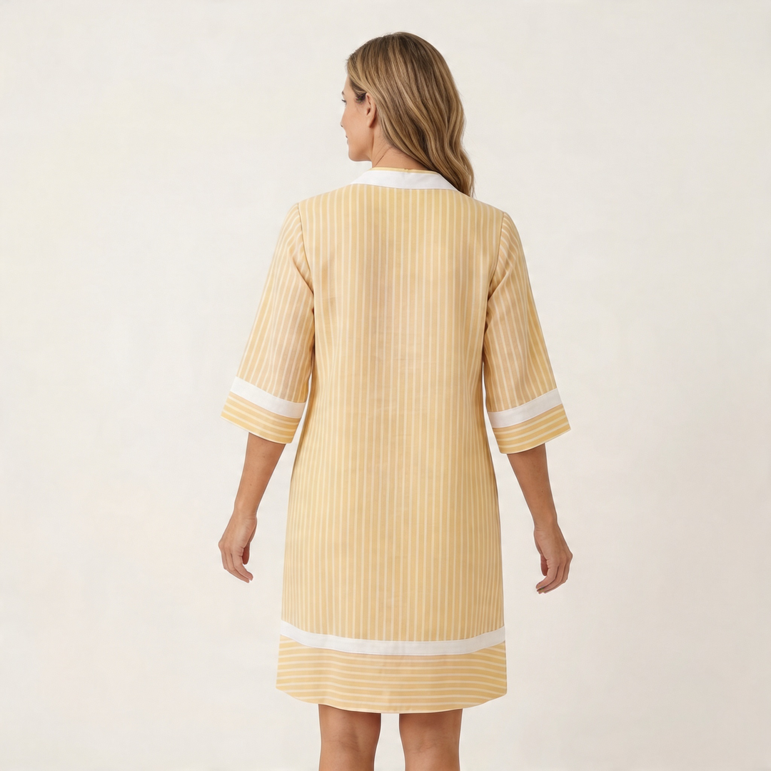 Sanina | Striped Cotton V-Neck Straight Dress with Contrast Trims