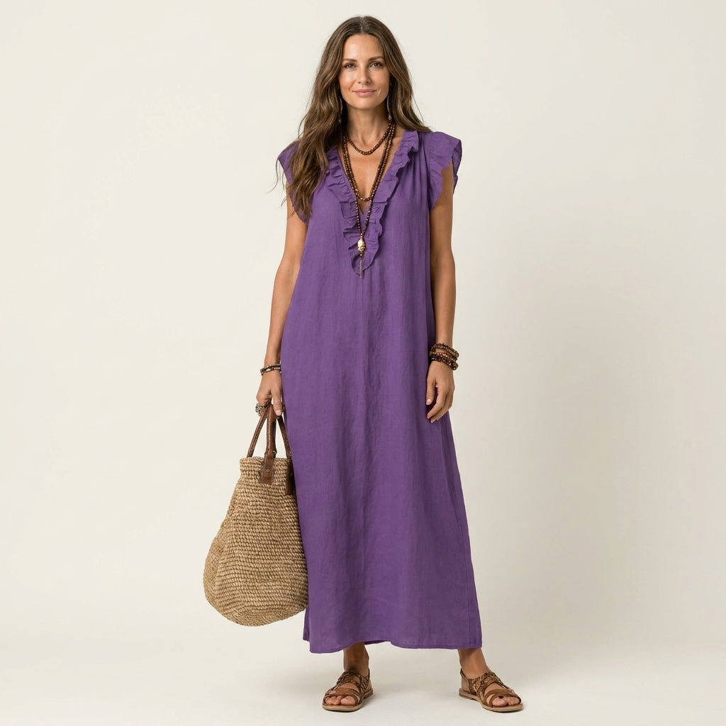 Josette | Ruffled V-neck Linen Maxi Dress