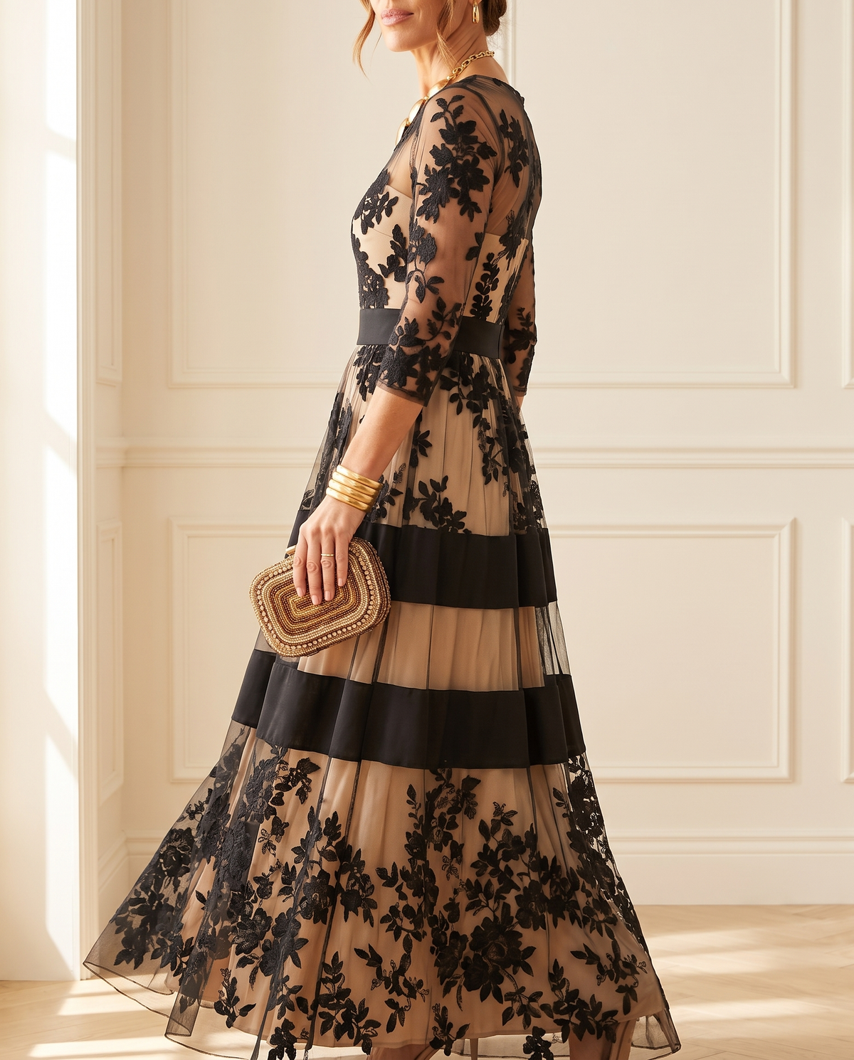 Josie | Elegant Black Lace Midi A-Line Dress