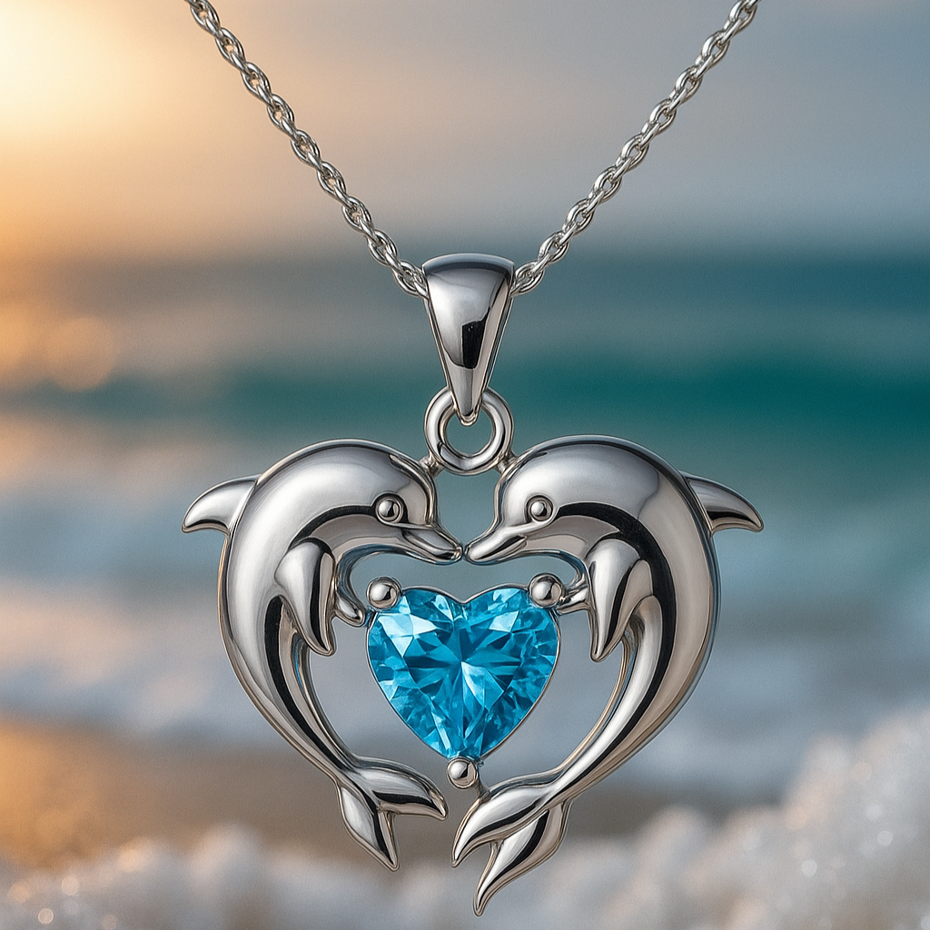 Timeless silver necklace with two dolphins and opal