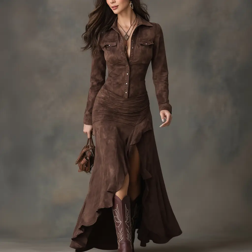 Evara ❘ Retro Brown Long Dress with Ruffles