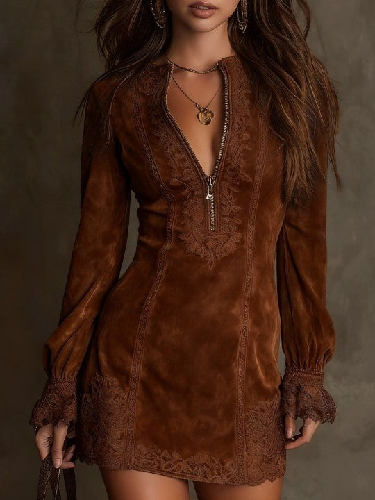 Azulena | Robe mini vintage en daim avec dentelle