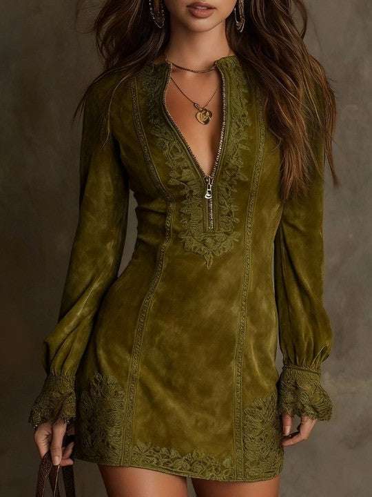 Azulena | Robe mini vintage en daim avec dentelle
