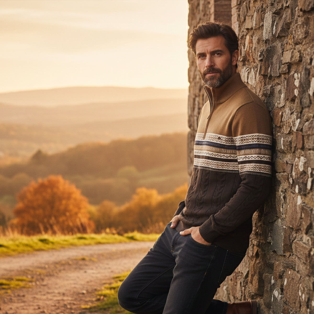 The Chatsworth Men's Quarter Zip Cotton Sweater – Fair Isle Knit