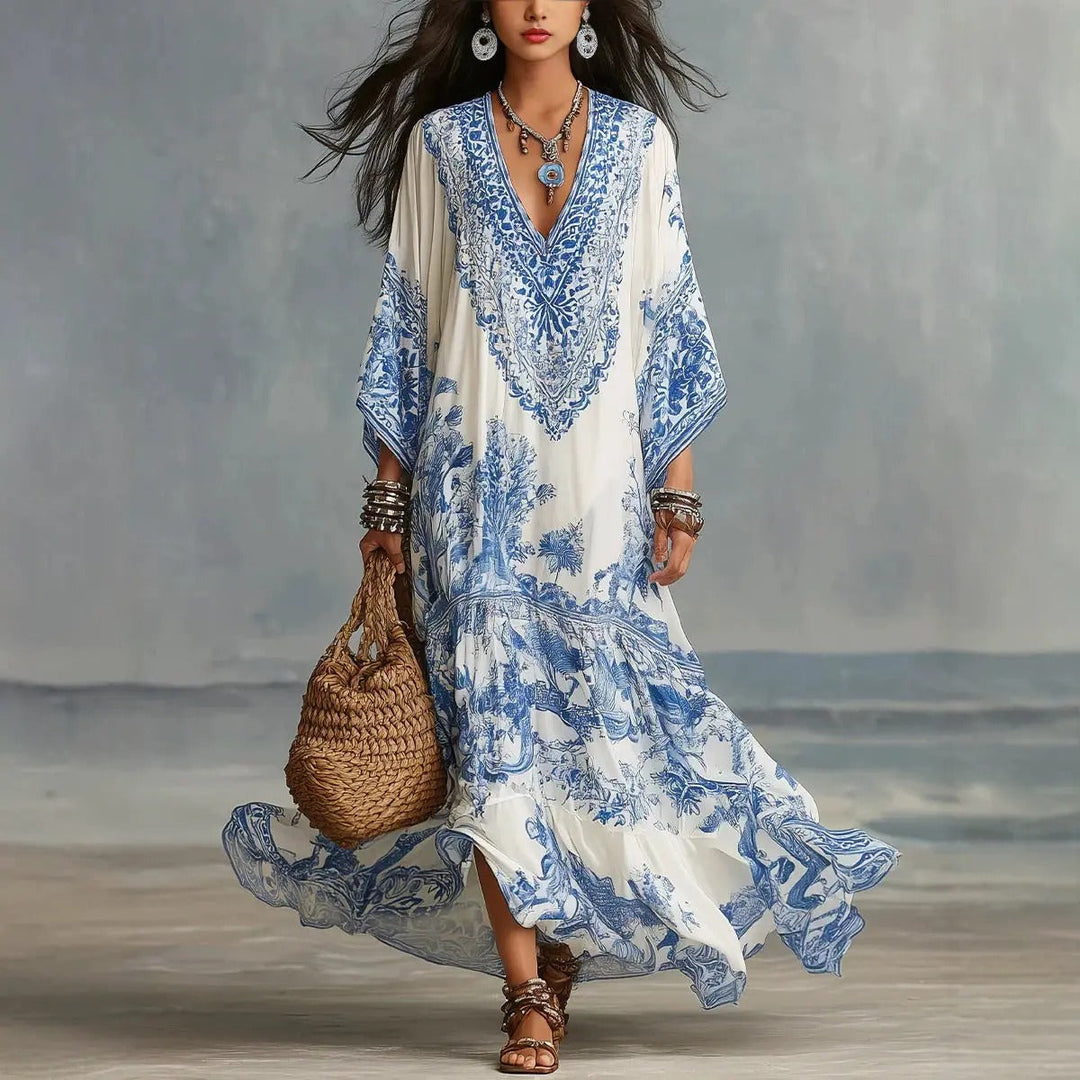 Amélie | Robe Maxi Bohème Imprimé Bleu