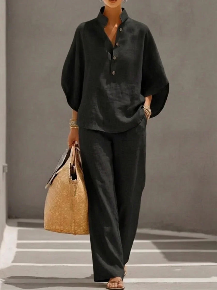 Sophiena | Ensemble en lin avec manches chauve-souris et pantalon large