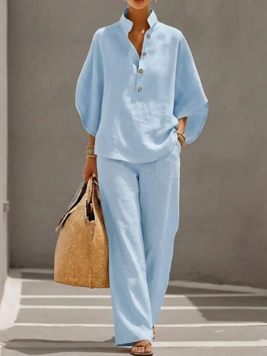 Sophiena | Ensemble en lin avec manches chauve-souris et pantalon large