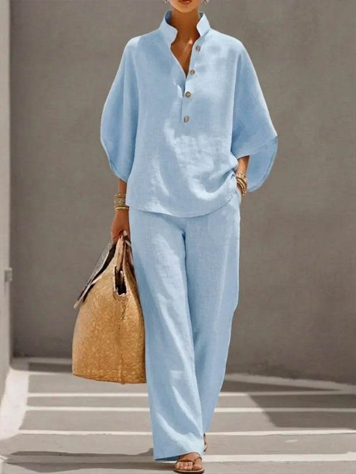 Sophiena | Ensemble en lin avec manches chauve-souris et pantalon large