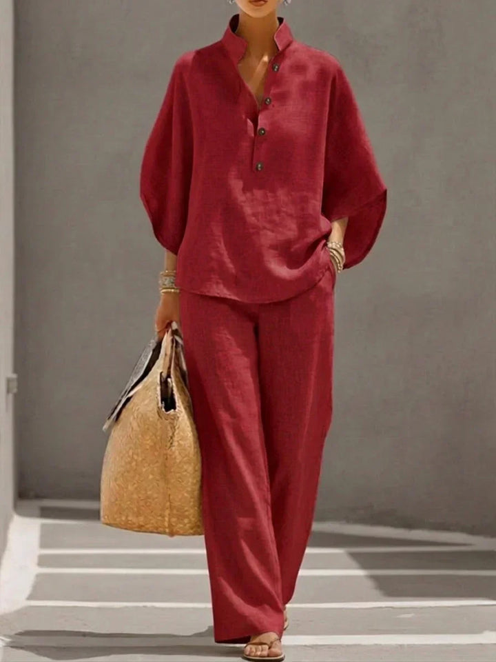 Sophiena | Ensemble en lin avec manches chauve-souris et pantalon large