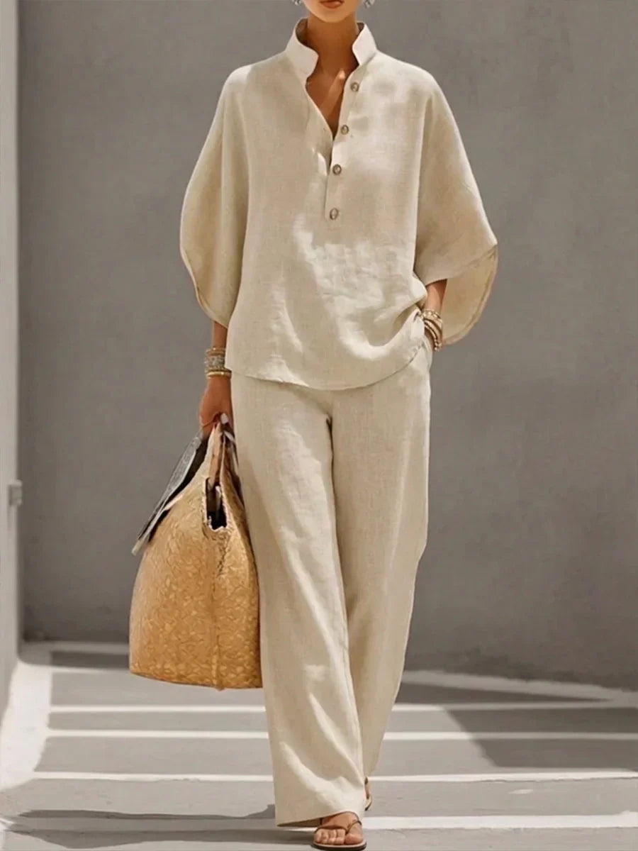 Sophiena | Ensemble en lin avec manches chauve-souris et pantalon large