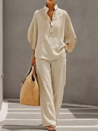 Sophiena | Linen Set with Batwing Sleeves and Wide-Leg Trousers