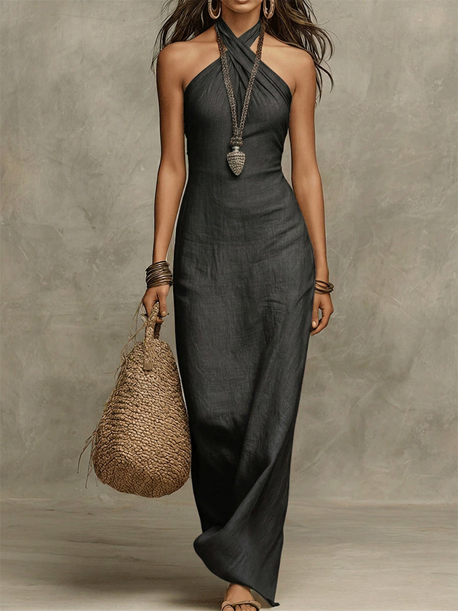 Avelina | Voluminous long cotton and linen dress, halter neck