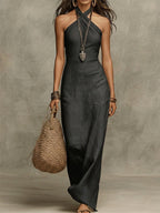 Avelina | Voluminous cotton and linen long dress, halter neck