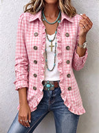 Charlene | Gingham Ruffled Button-Down Jacket