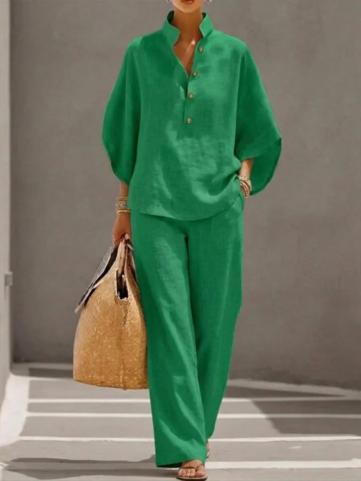 Sophiena | Ensemble en lin avec manches chauve-souris et pantalon large