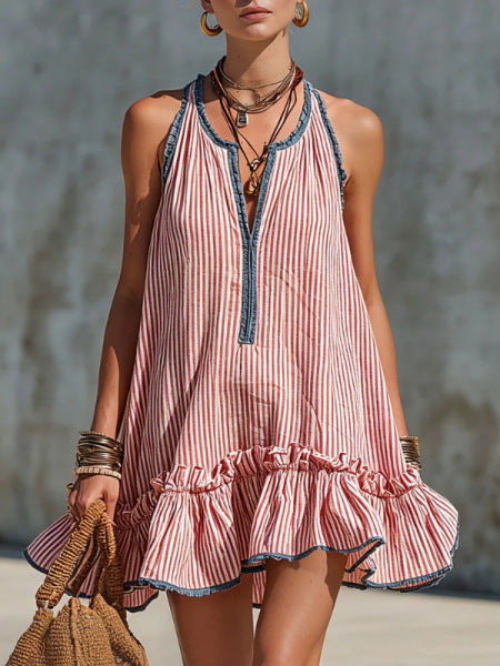 Gaëlle | Ruffled sleeveless striped mini dress