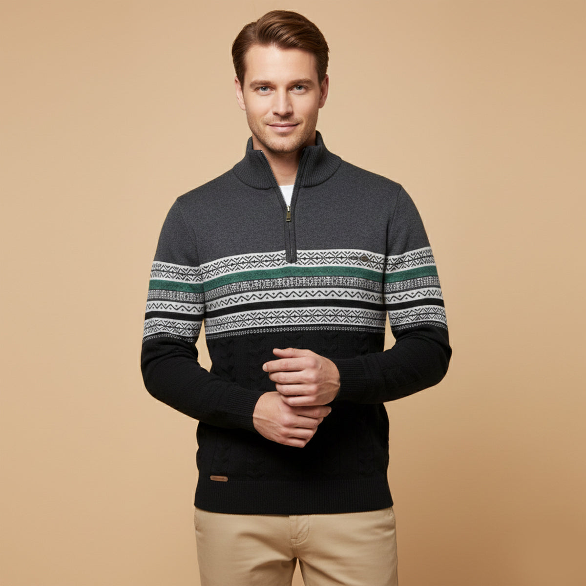 The Chatsworth Men's Quarter Zip Cotton Sweater – Fair Isle Knit