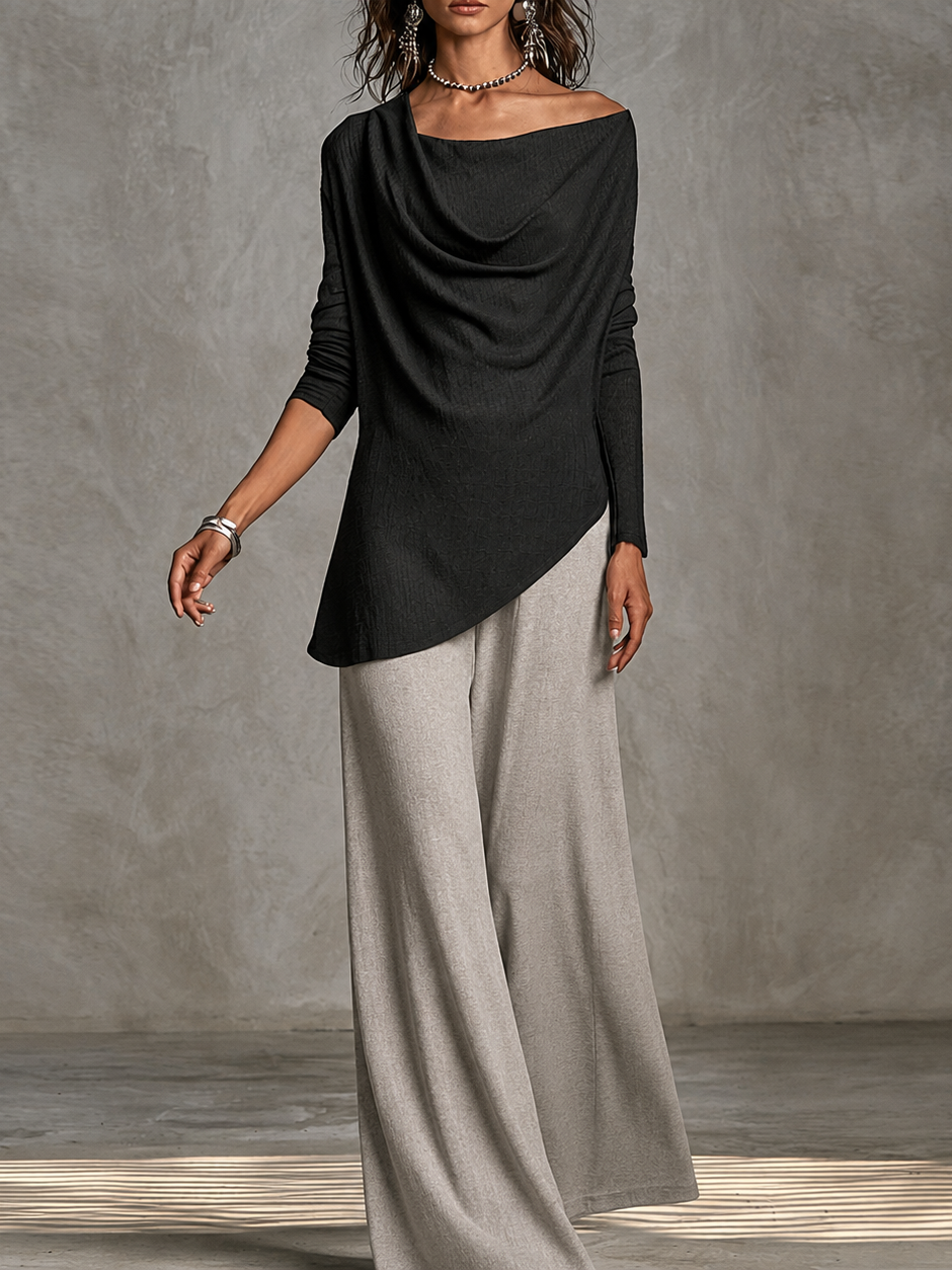 Simone | Draped Cowl Off-Shoulder Top & Wide-Leg Pants Two-Piece Set