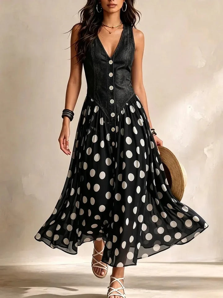 Solene | Polka Dot Tulle Skirt Denim Dress
