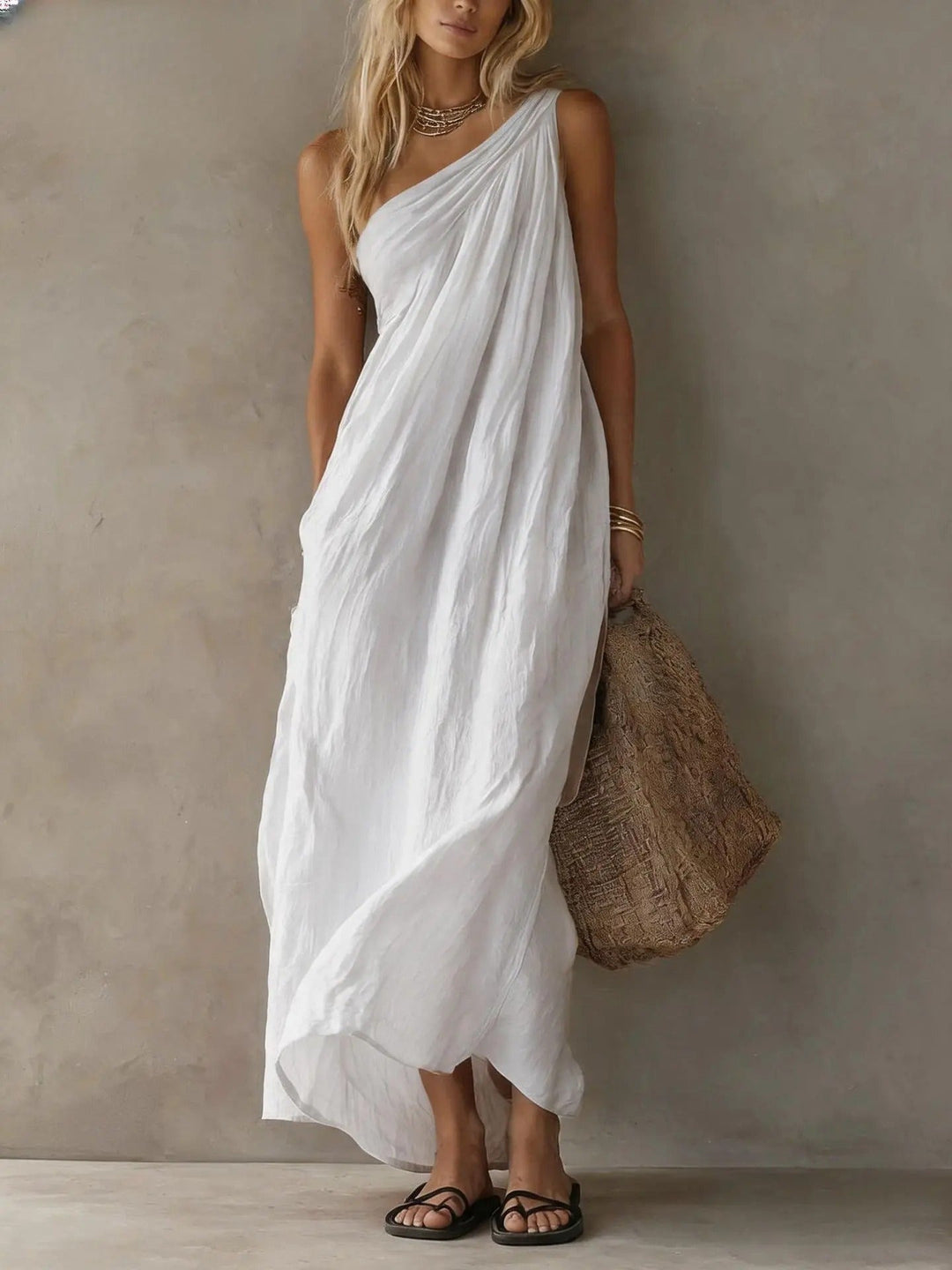 Desiree | Robe Maxi Une Épaule en Lin