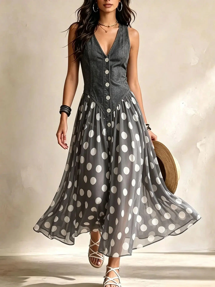 Solene | Polka Dot Tulle Skirt Denim Dress