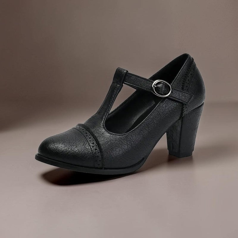 Wilhelmina | T-Strap Brogue Heels with Punched Detailing