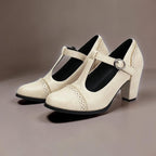 Wilhelmina | T-Strap Brogue Heels with Punched Detailing