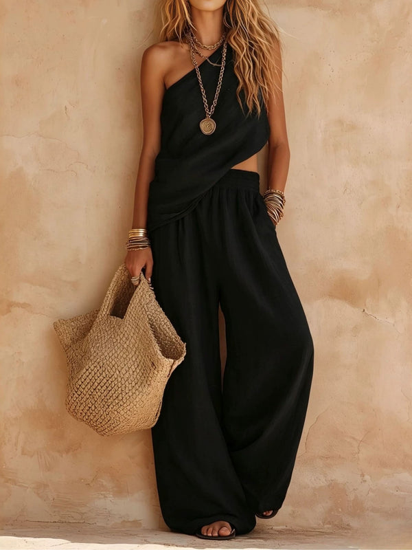 Zoey | One-Shoulder Halter Top & Wide-Leg Trouser Set