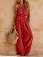 Zoey | One-Shoulder Halter Top & Wide-Leg Trouser Set