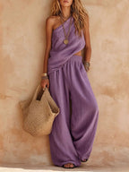 Zoey | One-Shoulder Halter Top & Wide-Leg Trouser Set