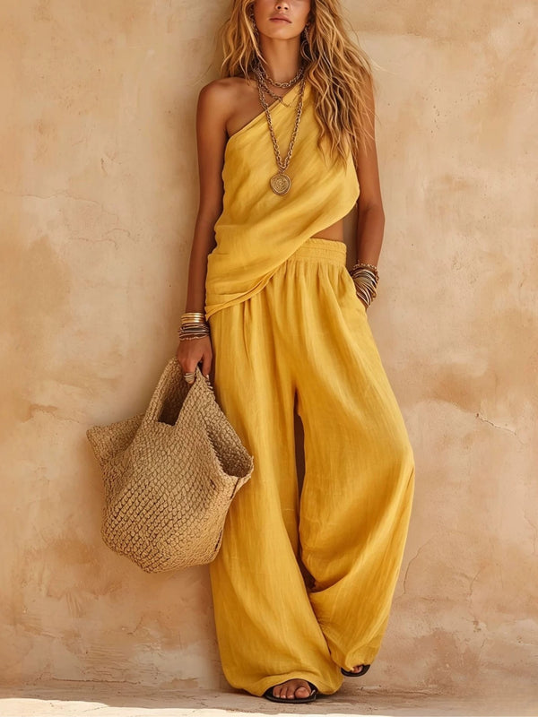 Zoey | One-Shoulder Halter Top & Wide-Leg Trouser Set