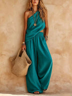 Zoey | One-Shoulder Halter Top & Wide-Leg Trouser Set